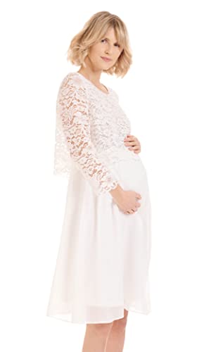 Herzmutter Umstandskleid festlich - Hochzeit - Brautkleid - Schwangerschaftskleid aus Chiffon-Spitze - Elegant-Knielang-Langarm - Creme-Weiß - 6400 (L, Creme-Weiß)