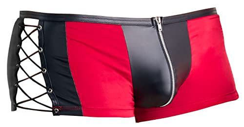 Orion Herren Pants - verführerisch Enge Reizwäsche für Männer, vorne mit Reißverschluss und Zierschnürung an der Seite, schwarz und rot (XL)