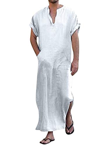 COOFANDY Herren Nachthemd Schlafanzug Kurzarm Roben Herren Baumwolle Leinen Robes V-Ausschnitt Nachtwäsche Mit Taschen Herrenhemd Sleepshirt Weiß M