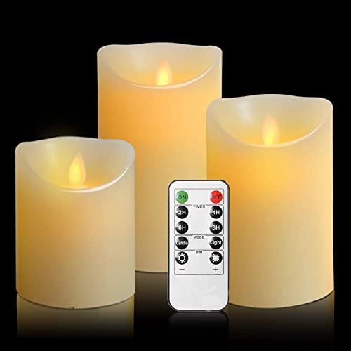 LED Kerzen led kerzen mit timer,Flammenlose Kerzen 300 Stunden Dekorations-Kerzen-Säulen im 3er Set 10-Tasten Fernbedienung mit 24 Stunden Timer-Funktion (3 * 1, Ivory)