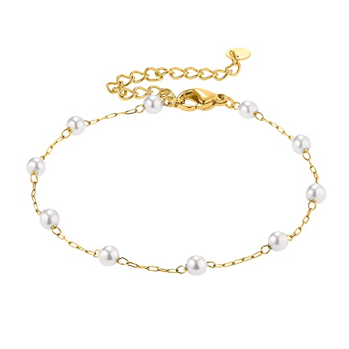 Heideman Armband Elula Damen aus Edelstahl gold farbend poliert Armkette für Frauen mit Perle weiss