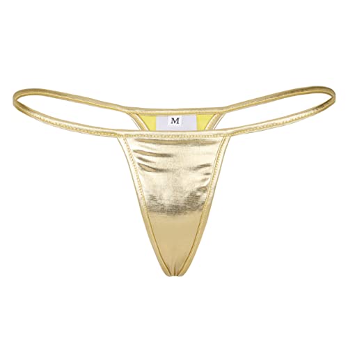 FEESHOW Damen Wetlook Mini String G-String Tanga T-Back Metallic Micro Bikini Slips Reizvolle Dessous Lingerie Swimwear Gold One Size