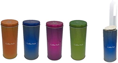 James Premium 4X Kaffeepad-Dose, Dekodose, Verschiedene Dekore, OR XX Aufbewahrungsbehälter für Kaffeepads (orange blau pink grün + 4 Padheber NEU MIT WANDHALTER