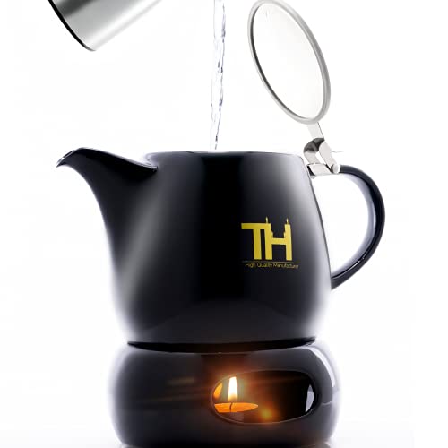 Thiru Teekanne mit Siebeinsatz - 1200ml - Handgefertigte Premium Teekanne Porzellan - Modell 2022 inkl. Edelstahl Siebeinsatz (mit Stövchen)