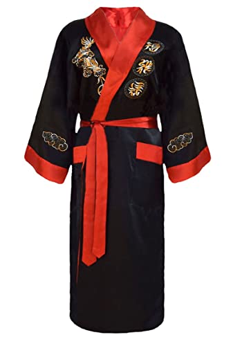 Bon amixyl Unisex-Bademantel, Kimono, japanisch, chinesischer Drache, Pyjama, Cardigan, Kimonos, Morgenmantel aus Satin, rot, XL