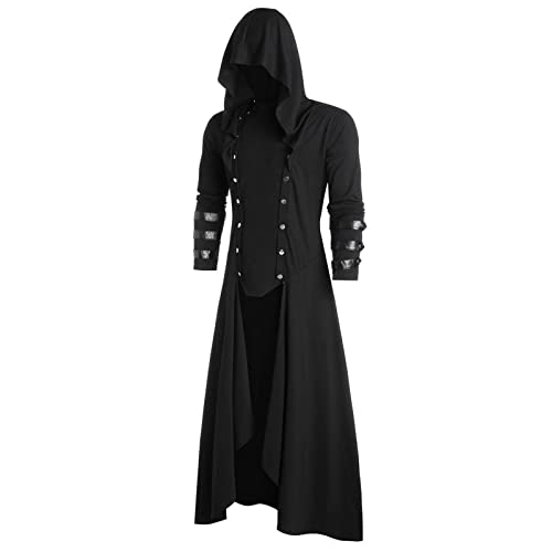 MITCOWBOYS Gothic Mantel Herren Herren Kapuzenjacke Kunstledereinsatz Button Up Coat Low Gothic Hoodie Long Button Coats Jacket Outwear Doppelreiher Mantel