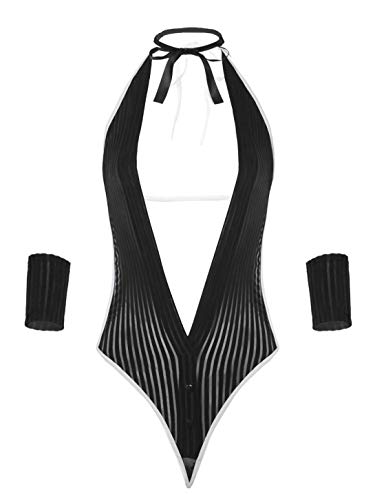 MSemis Damen Erotik Dessous Tief V-Ausschnitt Bodysuit Kellner Kostüm Cosplay Anzug Stripper-Outfit Rückfrei Stringbody mit Armbänder Schwarz OneSize