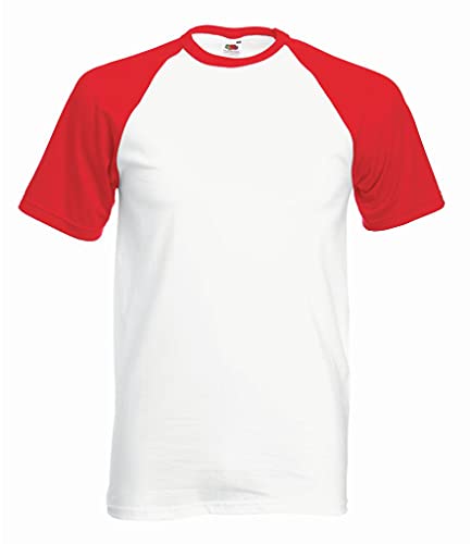 FOTL Herren T-Shirt Short Sleeve Baseball Shirt, Weiß/Rot, M