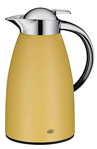 alfi Thermoskanne Signo, Metall gelb 1L, mit alfiDur Glaseinsatz, 1421.295.100, Isolierkanne hält 12 Stunden heiß, ideal als Kaffeekanne oder Teekanne, Kanne für 8 Tassen