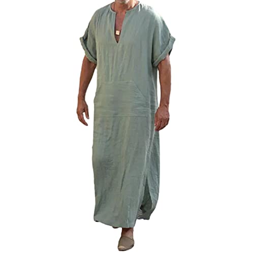 Herren Leinen Robe mit V-Ausschnitt, Langes Kleid Nachthemd Schlafanzug Kurzarm Roben Nachtwäsche Mit Taschen (Hellgrün, M)