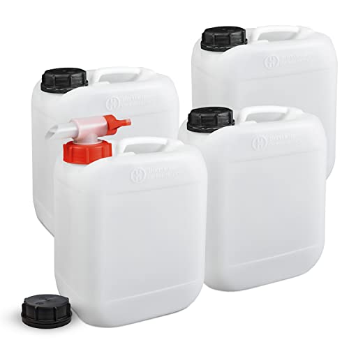 4 Stück 5 Liter Leerkanister mit Sicherheitsverschlüssen und 1x AFT-Hahn | Lebensmittelecht | Tragbar Stapelbar und Stabil | Indoor und Outdoor | BPA Frei | UN- (Gefahrgut) Zulassung