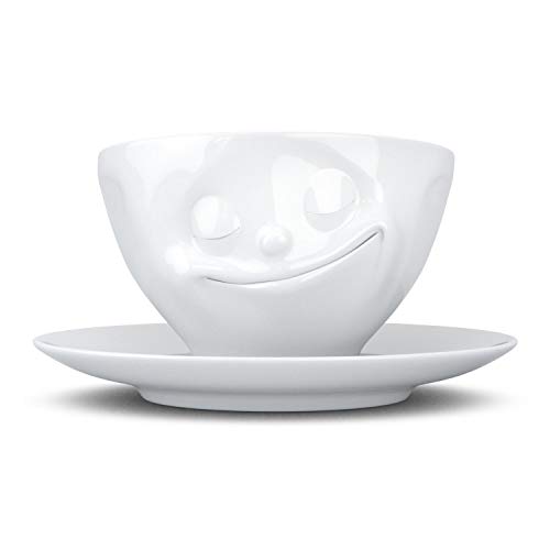 FIFTYEIGHT PRODUCTS / Tassen / Kaffeetasse „Glücklich“ (Porzellan, 200 ml, weiß, Made in Germany)