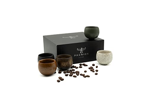 Pheniox Espressotassen 5-teiliges Set - 5 x 50 ml - hochwertige Tee Tassen aus Porzellan - japanischer Stil ohne Henkel - spülmaschinenfeste Sake Cups