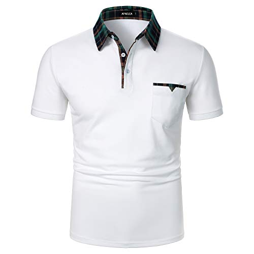 APAELEA Baumwolle Herren Poloshirt Kurzarm Einfarbig Freizeit Plaid Spleißen Golf Polohemd,Weiß,L