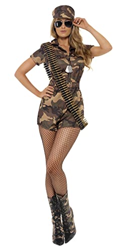 Smiffys, Damen Sexy Armee Girl Kostüm, Kurzoverall, Gürtel und Mütze, Größe: S, 28864, Camouflage