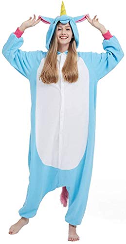 Erwachsene Jumpsuit Onesie Tier Karton Fasching Halloween Kostüm Sleepsuit Cosplay Overall Pyjama Schlafanzug, Neues Blaues Einhorn, S