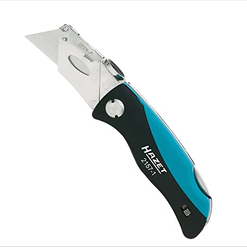 HAZET Klappmesser 2157-1 inklusive Ersatzklingen - Cutter-Messer mit Komfortgriff und Daumenkissen zur gelenkschonenden Arbeit - scharfe Klinge zum Schneiden von Kunststoff, Pappe uvm.