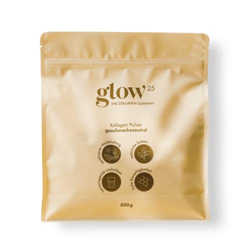Glow25® Collagen Pulver [500g] - Bioaktives Kollagen Hydrolysat - Peptide Typ 1, 2 und 3 - Geschmacksneutral - Perfekte Löslichkeit - Weidehaltung - Frei von Hormonen und Antibiotika