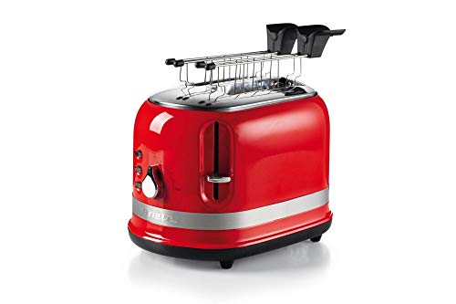 Ariete 149 Roter Toaster 2 Scheiben Modern mit Zange, Automatischer Auswurf, Krümelschublade, Auftau- und Aufwärmfunktion, 6 Bräunungsstufen, 800 W, Kunststoff