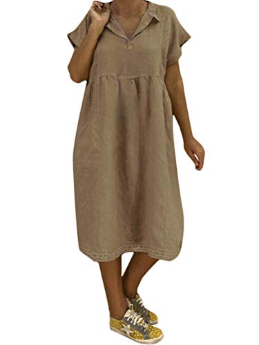 Damen Sommer Kleider Rundhals A-Linien Kleid Casual Strand Minikleid Einfarbig Baumwolle Leinen Strandkleid C Khaki DE 50