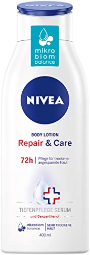 NIVEA Repair & Care Body Lotion (400 ml), Lotion für sehr trockene Haut & zur Linderung von Spannungsgefühlen, hält das Hautmikrobiom in Balance und pflegt so besonders sanft