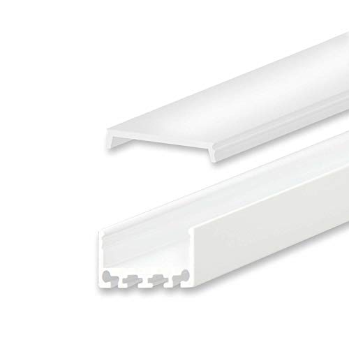 Aluminium Profil 2 Meter für Philips Hue Lightstrip und andere LED Streifen - Abmessung: 2000mm x 26mm x 12mm ALU Leiste (Weiß, Standard Abdeckung - satiniert/opal)