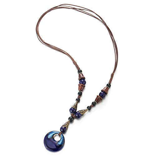 COOLSTEELANDBEYOND Boho Ethnischen Lange Statement Halskette Anhänger Holz Perlen Schwarz Blau Edelsteine Kette mit Baumelnde Ovalen Charme