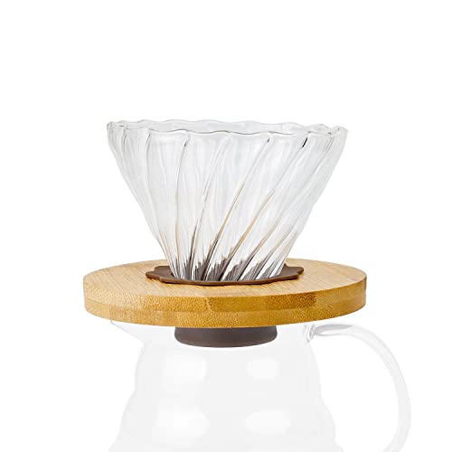 Glas Kaffeefilter, KINHARD Kaffeetrichter, Kaffeefilterhalter aus Verdicktem Glas mit Holzfuß, Geeignet zum Handfilter Kaffee, Filtern von Gemahlenem Kaffee mit Filterpapier