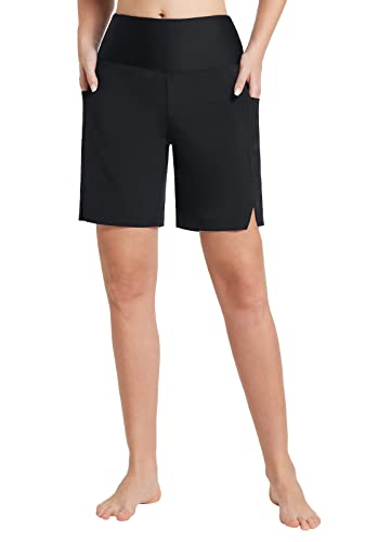 BALEAF Badeshorts Damen Lang 7 Zoll Knielang Schnelltrocknend Badehose UV Schutz UPF 50+ Schwimmhose Hohe Taille Boardshorts mit Innenslip und Taschen Schwarz XL