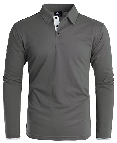 SwissWell Herren Poloshirt Langarm Golf Poloshirts Tshirt Sport Outdoor Hemd Basic Regular Fit Klassisch Polohemd T-Shirt mit Brillenhalter Knopfleiste Leicht（004 Dunkelgrau L）