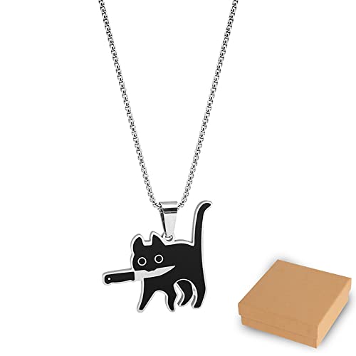 Schwarze Knifecat Halskette, Katzenhalskette S925 Silberanhänger, Kätzchen mit Messer, süßer Glücksschmuck für Katzenliebhaber, Frauen und Männer (1 Stück)