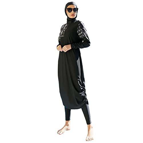 OBEEII Muslimisches Badeanzug-Set für Damen Sexy Bikini des Badeanzugs der Frauen Sommerliches Arabisches Langarm Badeanzug Set mit Hijab Modest Muslim Swimwear Schwarz02 XL