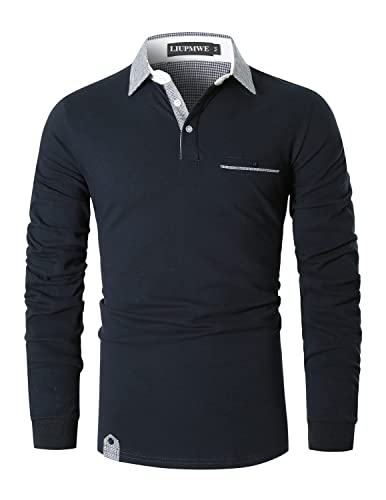 LIUPMWE Poloshirt Herren Klassischer Karierter Spleiß Langarm Slim Fit Tennis Polo Shirts Baumwolle Polohemd,Blau,L