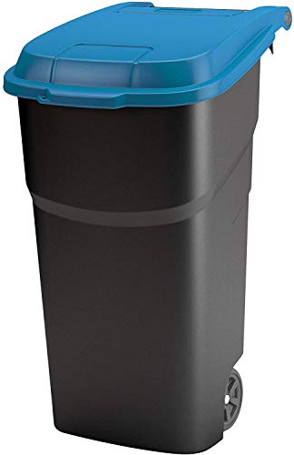 Rotho Atlas Mülltonne 100l mit Deckel und Rollen, Kunststoff (PP) BPA-frei, schwarz/blau, 100l (59,0 x 51,0 x 92,0 cm)