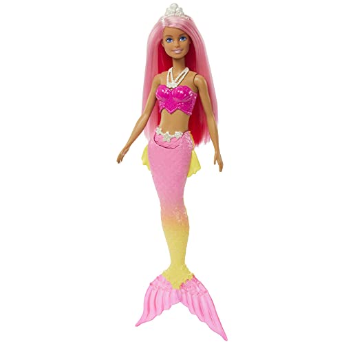 Barbie HGR11 - Dreamtopia Meerjungfrau Puppe (pinke Haare) mit rosa-gelber Ombré-Flosse und königlichem Diadem, Spielzeug für Kinder ab 3 Jahren