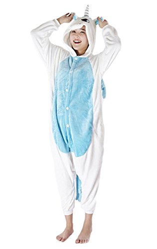 Einhorn Pyjamas Kigurumi Tierkostüm Jumpsuit Schlafanzug Unisex Erwachsene Cosplay Halloween Karneval Onesies Kostüm faschingskostüme Damen Herren (Blau, L)