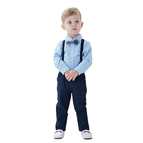 Volunboy Baby Jungen Anzug Set Bekleidung Hemd mit Fliege + Hosenträger Hosen Strampler Anzug(Blau,2-3 Jahre,Größe 100)