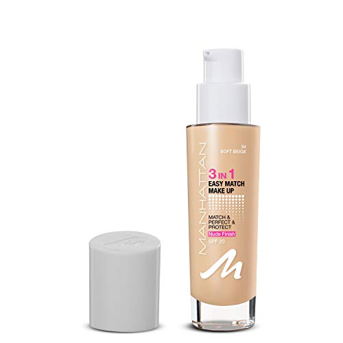 Manhattan 3in1 Easy Match Make-up, Flüssig Foundation für helle Haut mit LSF 20, Farbe Soft Beige 34, 1 x 30ml