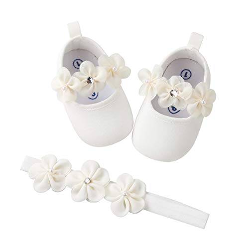 EDOTON Baby Mädchen 2 Pcs Kleinkind Party Schuhe Mit Stirnband, Weiß, Gr.- 12-18 Monate/Herstellergröße- 5