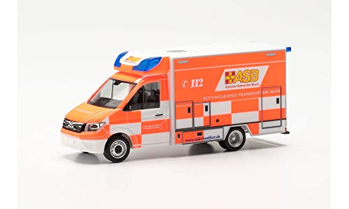 Herpa Modellauto Man TGE Fahrtec RTW „ASB Frankfurt“ Krankenwagen, originalgetreu im Maßstab 1:87, Auto Modell für Diorama, Modellbau Sammlerstück, Deko Automodelle aus Kunststoff