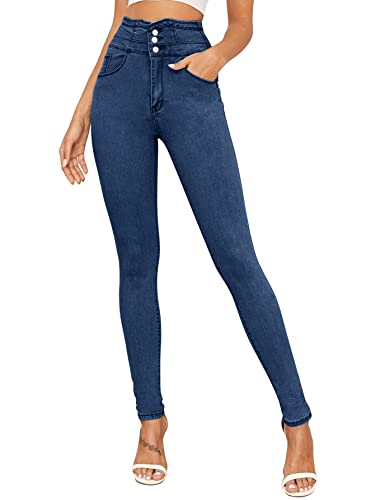 YBENLOVER Damen Skinny Jeans High Waist Deinm Jeggings Knopfleiste Stretch Hose mit Taschen Pants Legging (XL, Blau)