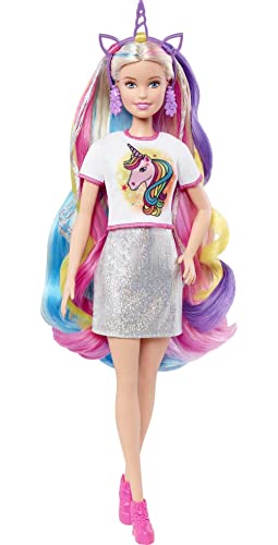 Barbie GHN04 - Fantasie-Haare Puppe, blond, mit zwei verzierten Haarreifen, zwei Oberteilen, Accessoires für Meerjungfrauen- und Einhorn-Looks, inklusive Haarstyling-Zubehör, für Kinder ab 3 Jahren