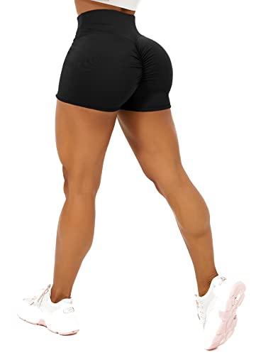 TZLDN Damen Scrunch Kurze Leggings - Push Up Geraffte Shorts Tights Laufhosen für Sport Yoga Fitness Radfahren Workout A01 Schwarz M