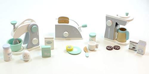 Haushaltsset: Kaffeemaschine, Toaster + Mixer / mit verschiedenen Zubehörartikeln / Material: Holz / für Kinder ab 3 Jahren geeignet