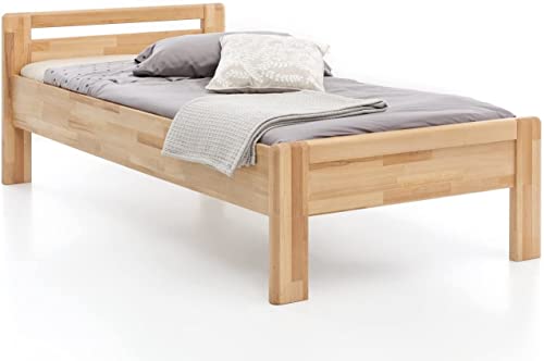 WOODLIVE DESIGN BY NATURE Massivholz-Bett aus Kernbuche, als Seniorenbett geeignet, in Komforthöhe, geöltes Einzel- und Komfortbett mit Kopfteil (90 x 200 cm)