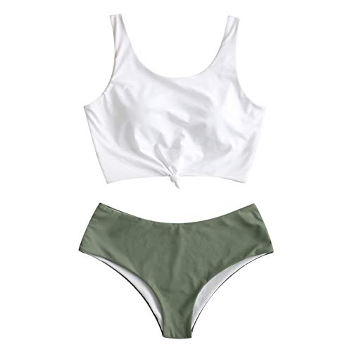 ZAFUL Zweiteiliger verknotet Tankini Beachwear Set, einfarbiger gepolsterter Badeanzug mit Schulterträger & Badehose für Damen (Grün, M)