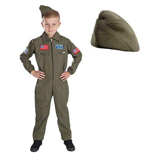 Fun Shack Grünes Kampfpilot Kostüm für Jungen, Pilot Kostüm, Faschingskostüm Kinder - S