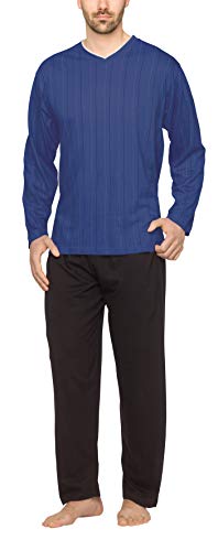 Moonline - Herren Schlafanzug lang aus 100% Baumwolle mit V-Ausschnitt und Streifen-Design, Farbe:Streifen-Druck auf blau, Größe:5XL
