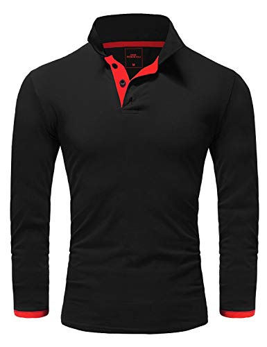 Amaci&Sons Herren Poloshirt Basic Kontrast Langarm Polohemd Shirt 5201 Schwarz/Rot 4XL