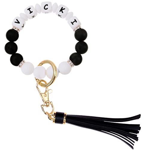 Munchewy Frauen Schlüsselanhänger Armband, Personalisiert Silikon Elastisches Perlen-Silikon-Armband, Quaste(Schwarz-Weiss)